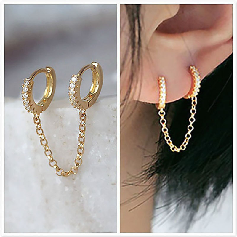 1 PC Woman Heart Gold Silver Rose Gold Earrings Dainty Double Ear Pierced Earrings Double Hoop Chain Copper Earrings