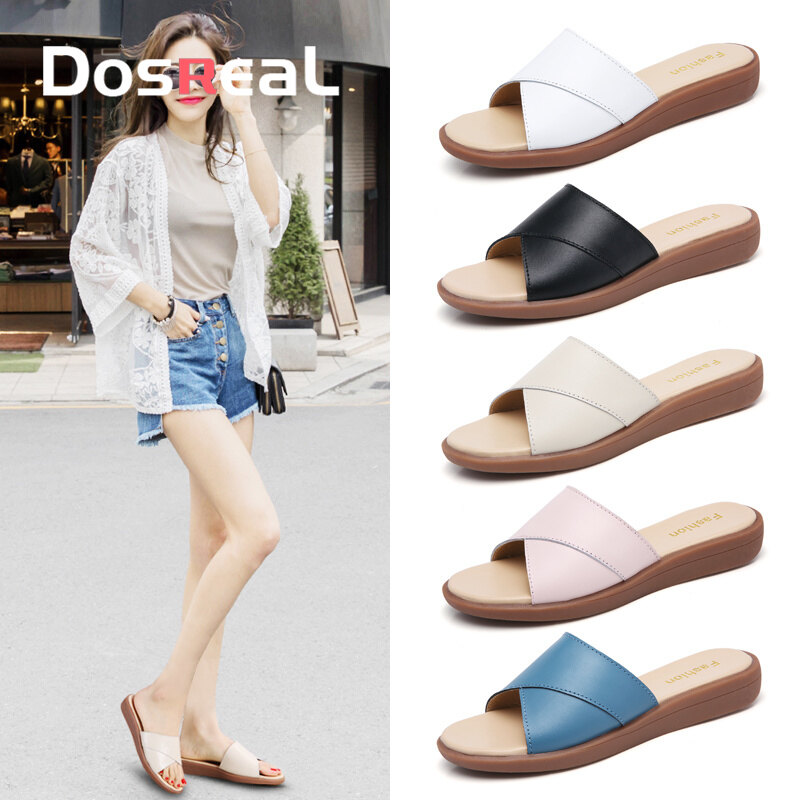 DOSREAL Summer Women Shoes Leather Slippers For Women Flats Korean Non Slip Beach Sandals White Slides Casual Flat Sandals For Women