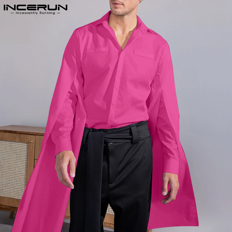 (Western Style) INCERUN Mens Long Sleeve Formal Casual Shirt Plain Loose Fashion Blouses Hippy Tops