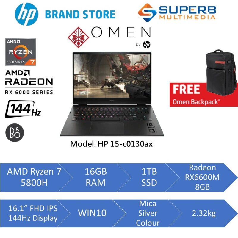 HP Omen Gaming Laptop 16-c0131AX (AMD Ryzen 7 5800H, 16gb ram, 1tb ssd, Radeon RX6600M 8gb, 16.1 FHD IPS 144Hz, Win10) Malaysia