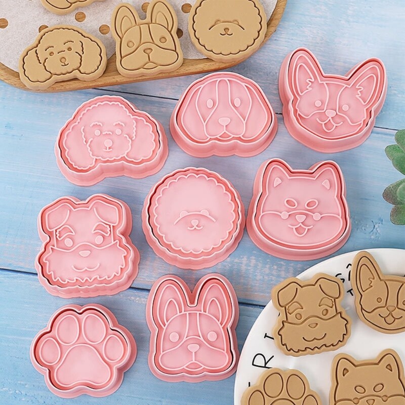 8Pcs Cute Dogs Head Pattern Cookie Cutters Set Cartoon Pressable Biscuits Mold Plastic Cookie Stamps DIY Baking Tool
