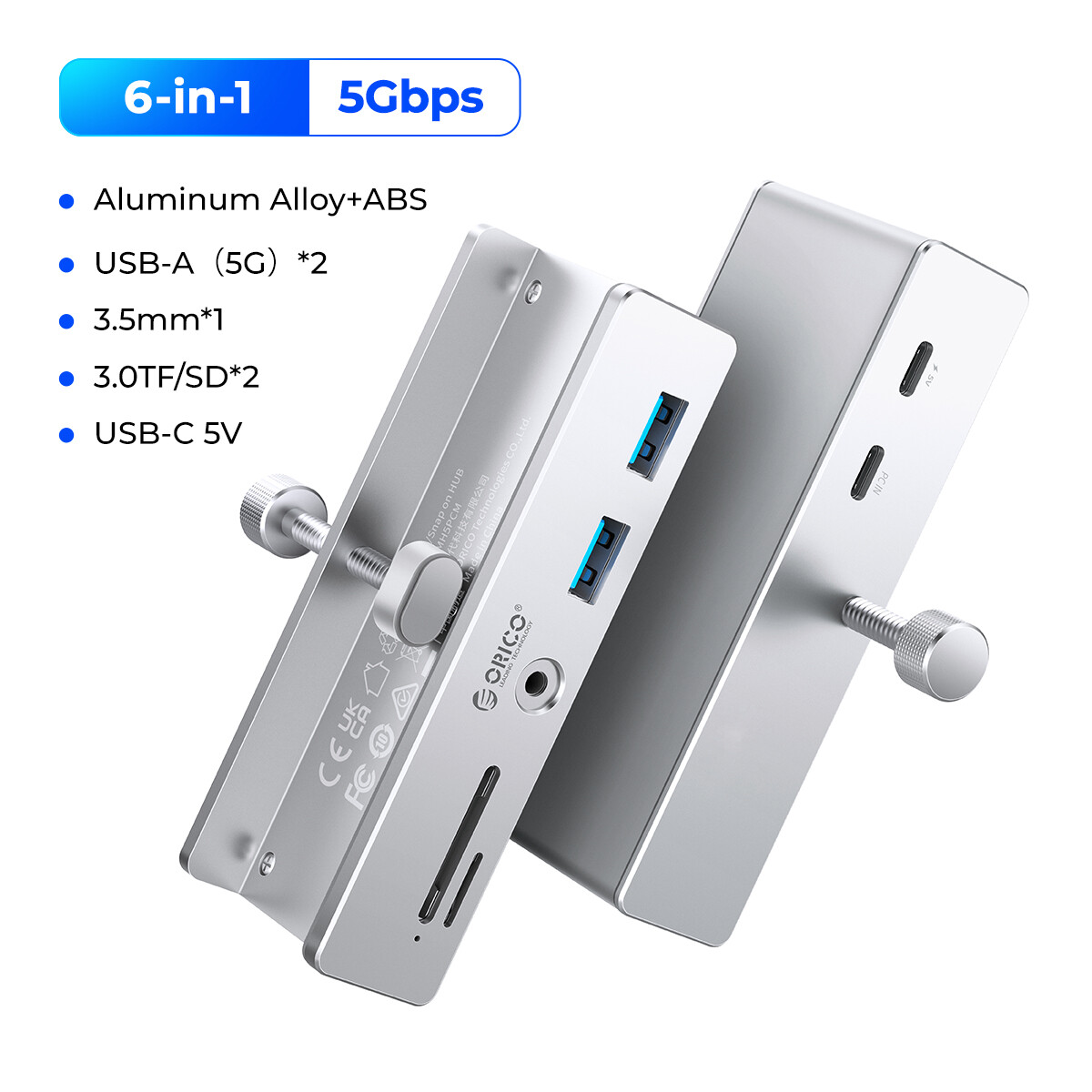 Orico usb hub 3.2 hub 6-port type c expansion with power connector, 10gbps protocol, high-speed transmission, sd, tf card, fast reading