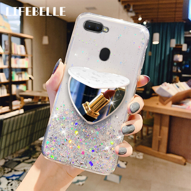 LIFEBELLE For OPPO A12 / A7 / A5s / F9 / Realme 2 Pro Case with Make-up Mirror Stand Holder Women Fashion Bling Glitter Foil Heart Mirror Phone Case Flexible Soft TPU Bumper Protective Casing Back Cover