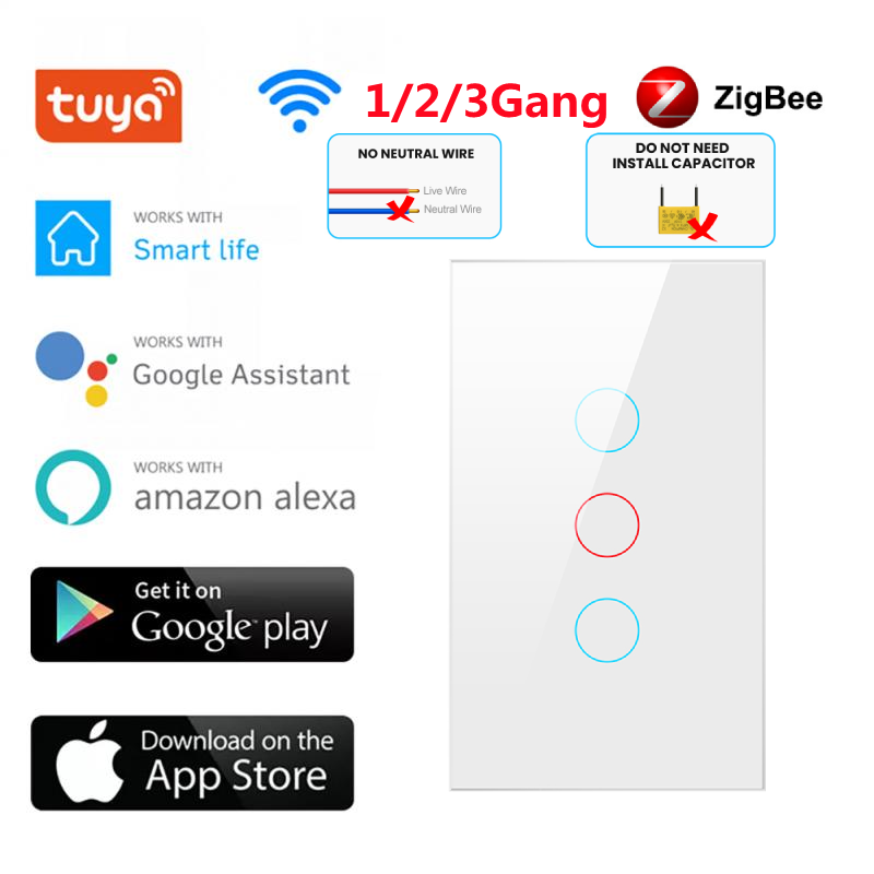 E Life Smart Store Tuya Zigbee US Smart Switch No Neutral Wire Required 1/2/3 Gang Light Touch Switch Voice Control Wall Light Switch US Standard Light Switch AC 100-240V Smart Switch Use With ZIgbee Hub