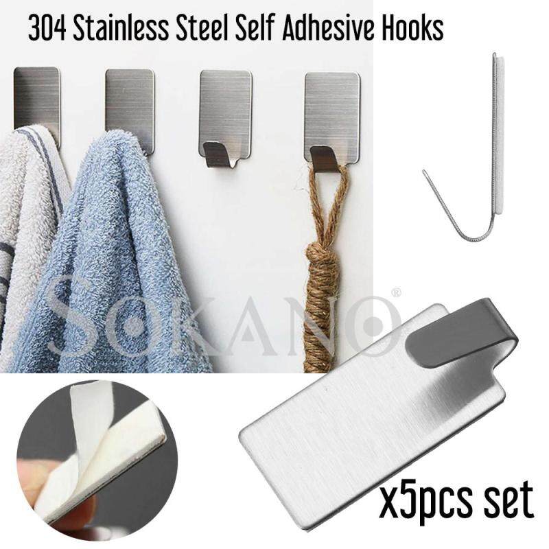 SOKANO 304 Stainless Steel Self Adhesive Hooks Key Rack Garage Storage Organizer Stick On Sticky Bathroom Kitchen Towel Hanger Wall Mount Cangkuk (5 Pcs Set)