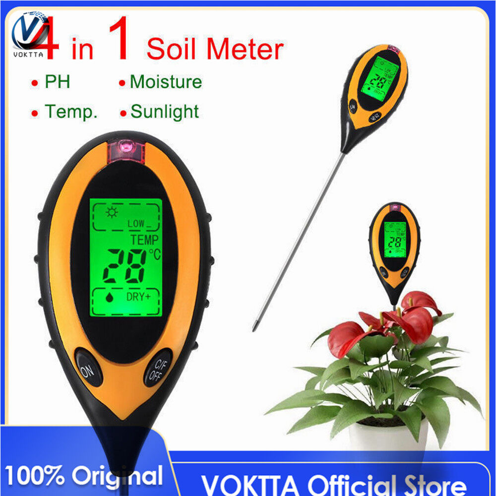 4 In 1 LCD Digital Soil Moisture Humidity Temperature Sunlight PH Tester Meter