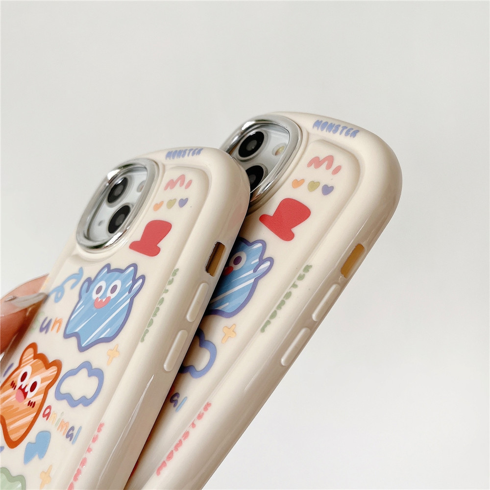 High Quality Electroplating Case for IPhone 11 12 13 14 Pro Max Casing Cute Cartoon Colorful Graffiti Monster Back Cover Couple Shockproof Phone Case