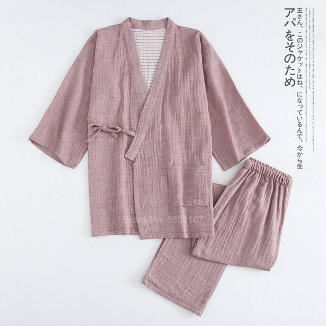 Traditional Japanese Kimono For Men Pajamas Set Solid Color Pure Cotton Samurai Sleepwear Set Bathing Yukata Nightwear