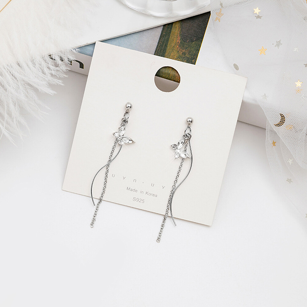 925 Bạc Kim Siêu Flash Khí Chất Kim Cương Pha Lê Bướm Bông Tai Lưới Màu Đỏ Dài Hình Chữ S Chuỗi Bông Tai Stud