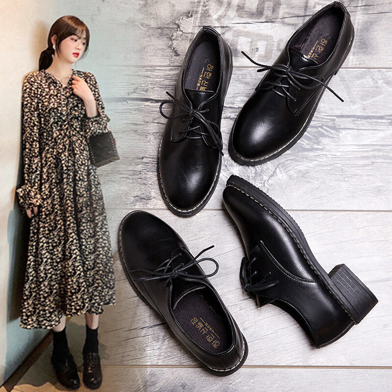Women's Flat Shoes Black Round-toe Lace-up Oxford Shoes