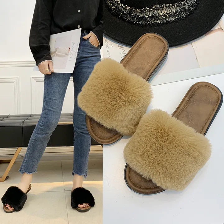faux fur flat sandals