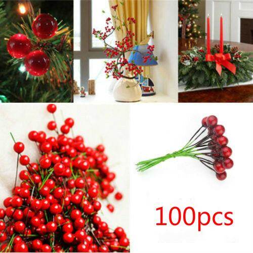 100pcs/set Artificial Red Holly Cherry Berry Flower Christmas Fruit Bean Red DIY  Home Bedroom Gift Office  Garden Decorations Christmas Supplies