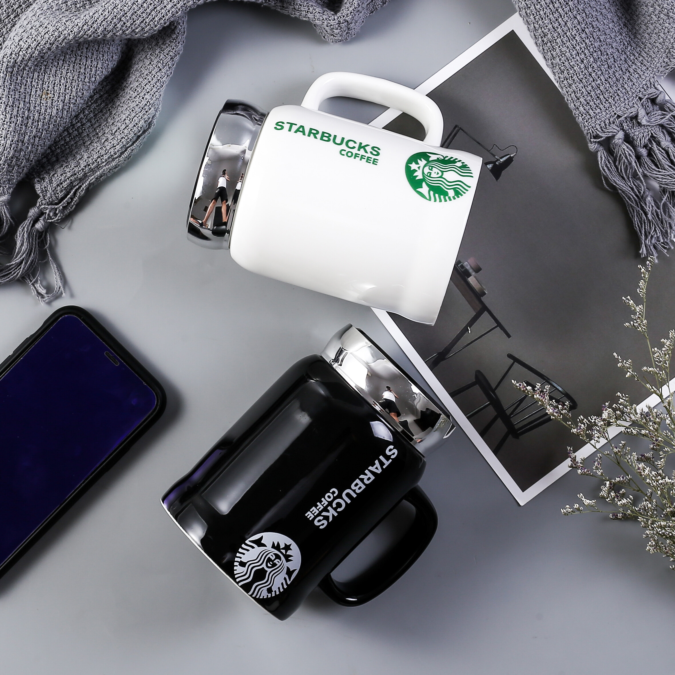 Cốc Gốm Starbuck Có Tay Cầm Nắp Cốc Cà Phê Uống Có Thìa