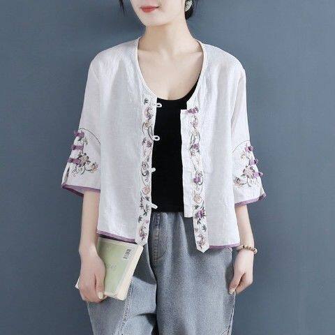 Retro Embroidered Disc Button Linen Cotton Shirt Women Summer Chinese Zen Tea Suit Loose Short V-neck Blouse