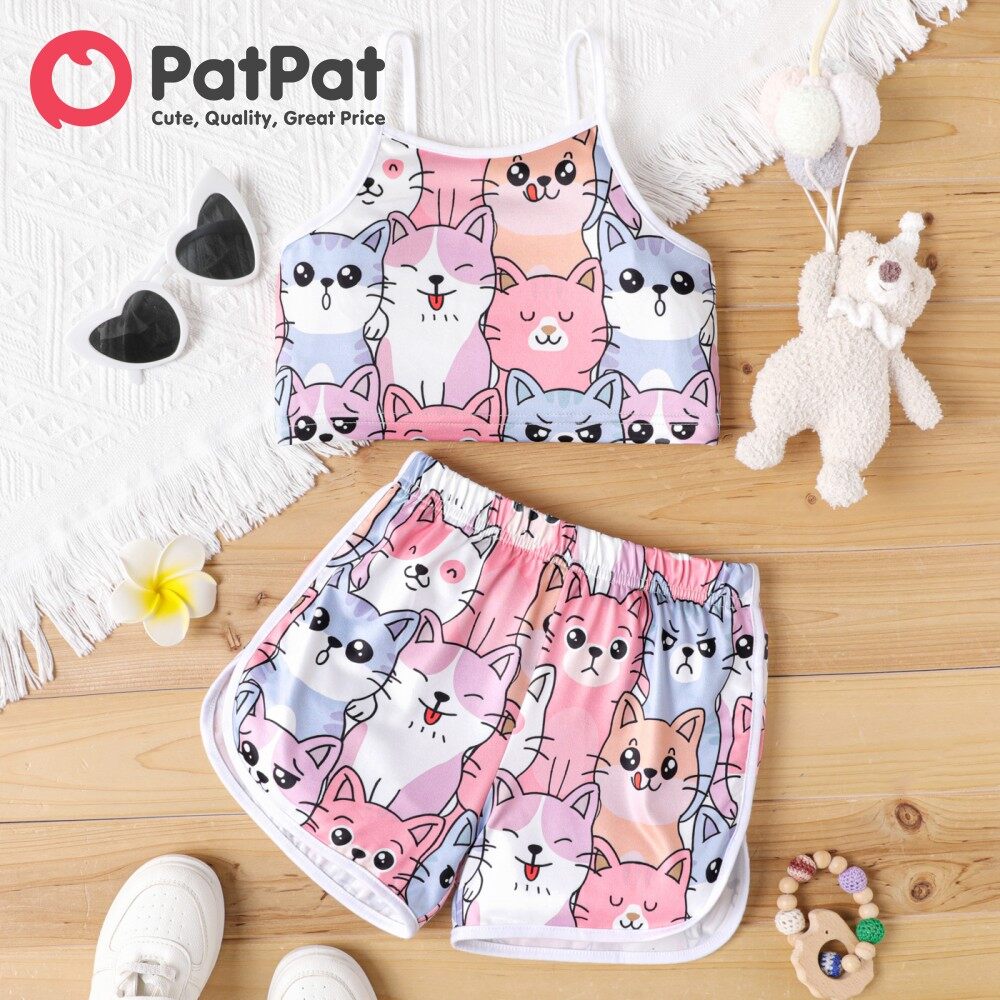 PatPat Kid Girl Cute Cat Print Camisole and Shorts Set