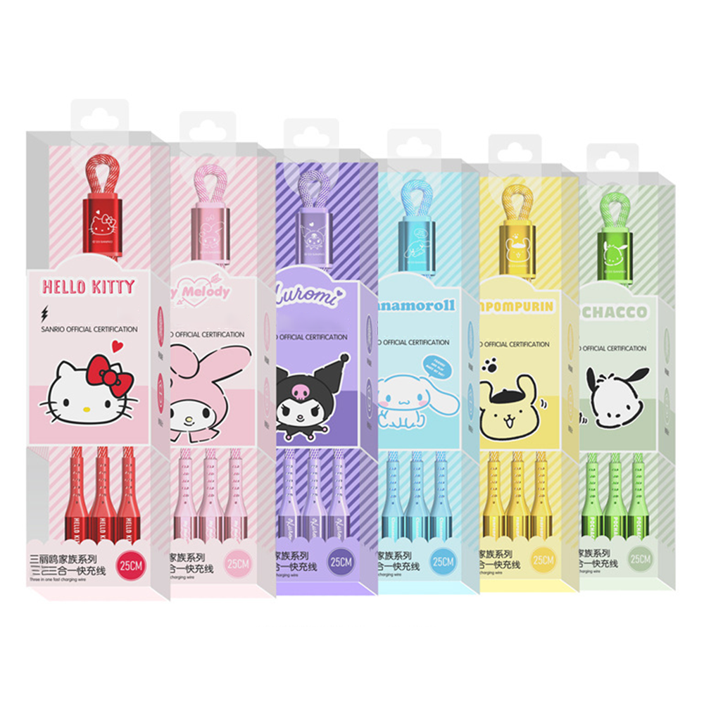 (25cm)100% Authentic Sanrio Hello Kitty Cable 3 in 1 Charging Cable Fast Charging Kuromi USB Cable Type C Lightning Cable Micro USB Cable for iOS,Android Smartphone,Wireless Earbuds Birthday Gift Cinnamoroll AQ8