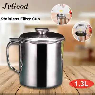 JvGood Oil Filter Pot Oil Strainer Pot 304 Stainless Steel Grease Strainer Oil Storage Pot Oil Container Stainless Steel Oiler Tank Container Grease Keeper with Filter Dust Lid Non slip Handle for Frying Oil and Cooking Grease