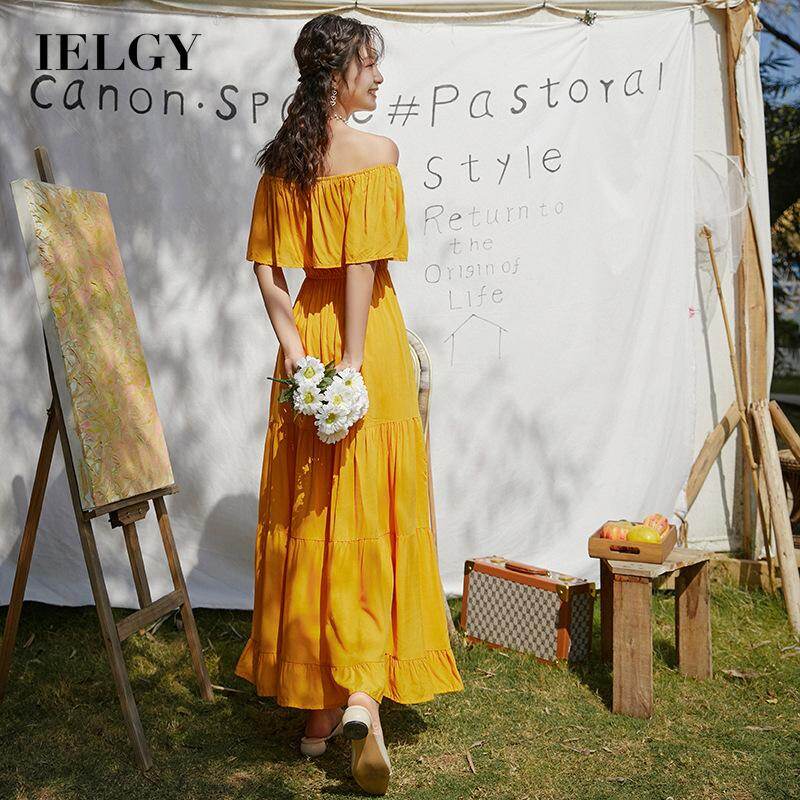 IELGY Women's dress beach long solid color dress casual simple one-shoulder versatile fashion
