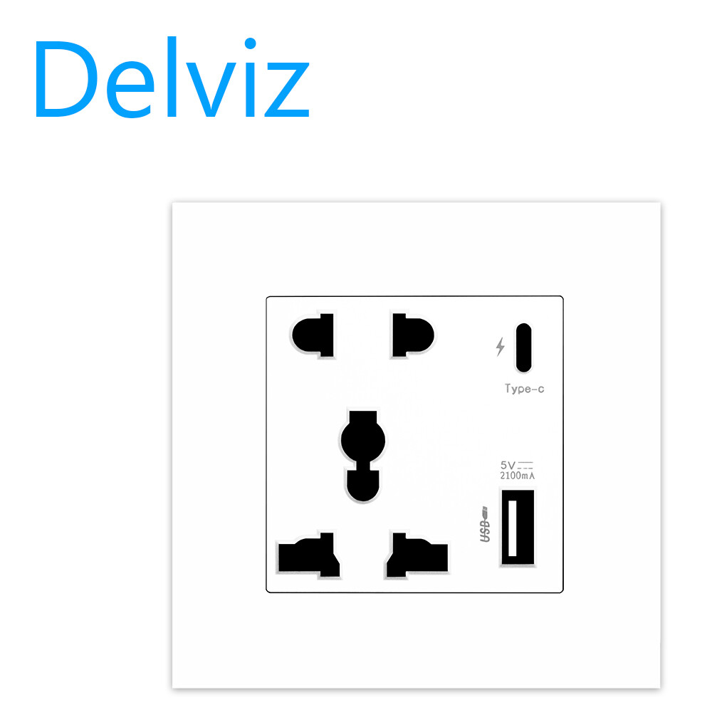 Delviz欧盟标准Type-c充电插座，壁挂式电源节点USB插座，5孔PD18W快速充电1A/1C插座。灰色的套接字。