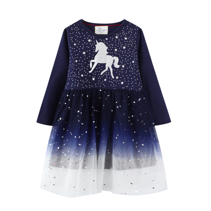 Girls Unicorn Star Yarn Dress Ice Princess Cotton Long-Sleeved Kids Girls Princess Dress Birthday Party Korean Style Skirt
