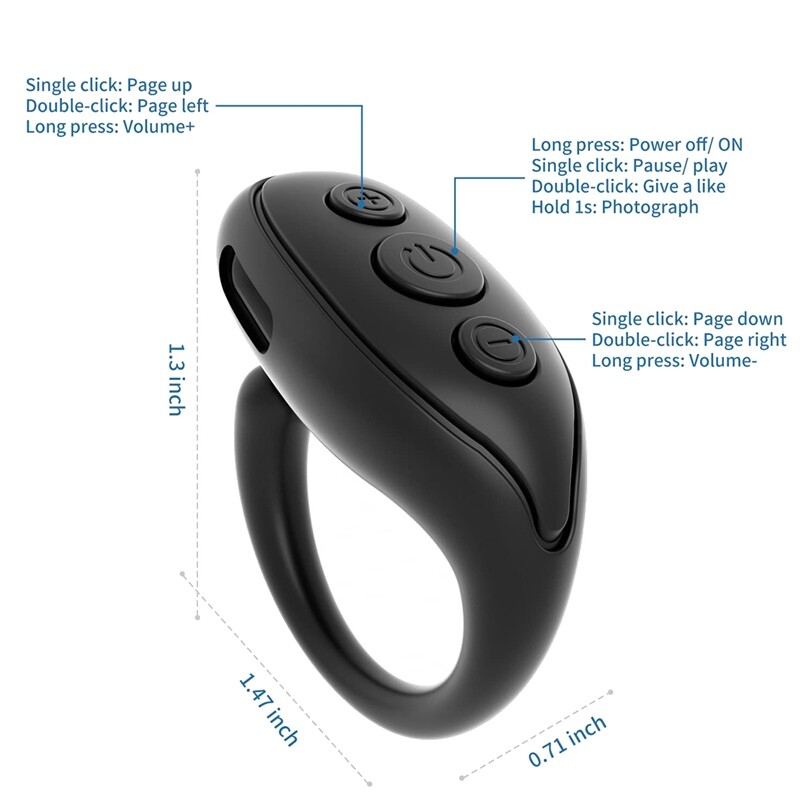 Bluetooth Remote Control Page Turner, Cell Phone Camera Shutter Selfie Remote, Smart Ring Remote for IPhone IPad