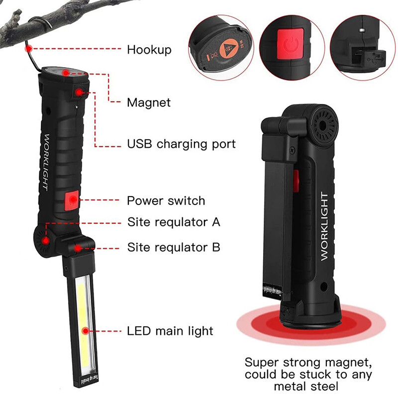 FONIX Đèn Pin LED COB Đèn Làm Việc 5 Chế Độ Đèn Xoay 360 Từ Tính Có Thể Sạc Lại USB Tiện Dụng Đèn Móc Treo SOS