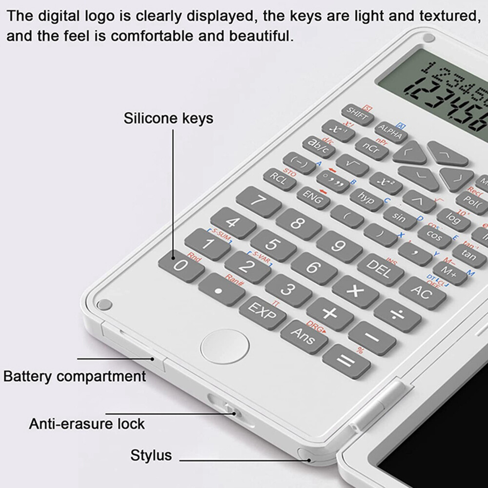VAORLO Desktop Foldable 2 IN 1 Scientific Calculators 12 Digits LCD Display With 6.5 Inch Writing Tablet Digital Drawing Pad Graphing Support Stylus Pen Erase Button Lock For School College Office Business Researchers Students
