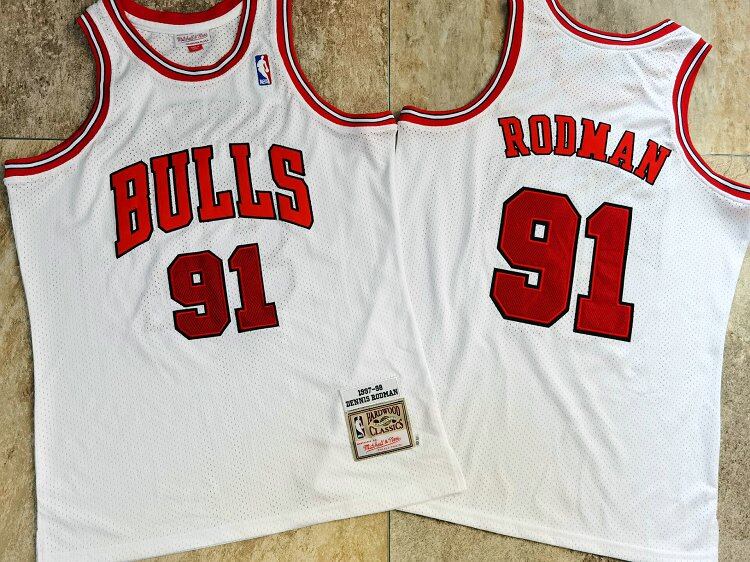 Mens Exquisite Embroidery Jersey Chicago Bulls Dennis Rodman Mitchell Ness Hardwood Classics Jersey - Red/White/Black