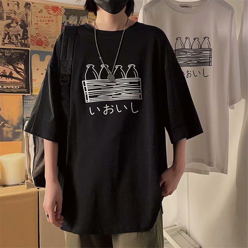 S-8XL Hong Kong style ins summer simple pattern printing short-sleeved T-shirt men and women trend Korean round neck loose wild five-point sleeves