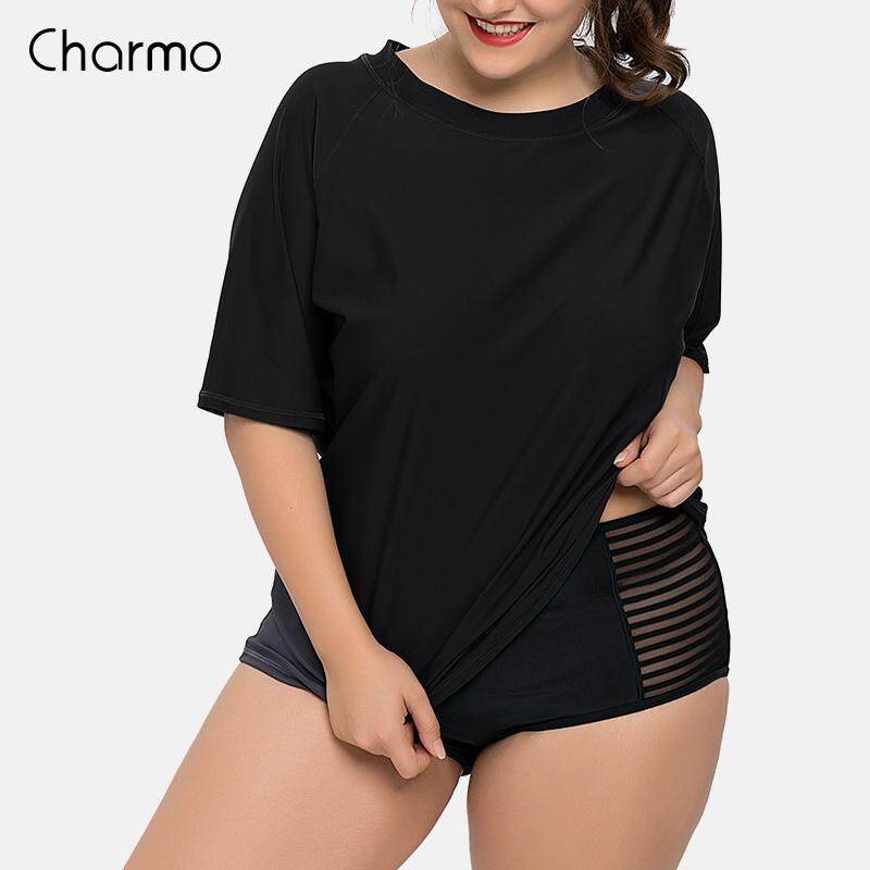 Charmo ผู้หญิงแขนสั้นชุดว่ายน้ำ rashguard เสื้อ UPF 50 + ผู้หญิงขนาดพิเศษชุดว่ายน้ำ UV-ป้องกันชุดว่ายน้ำทรงทึบ