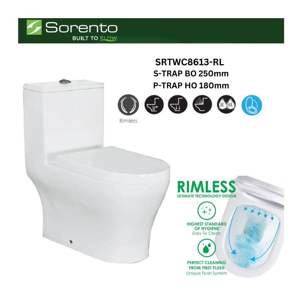 SRTWC8613RLA SORENTO ONE PIECE WATER CLOSET RIMLESS STRAP 250MM
