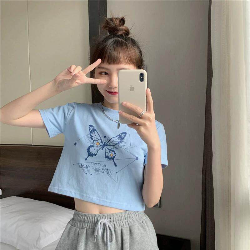 Áo thun nữ in hình bươm bướm Ngắn Tay Cổ Tròn Crop Top Áo phông mùa hè