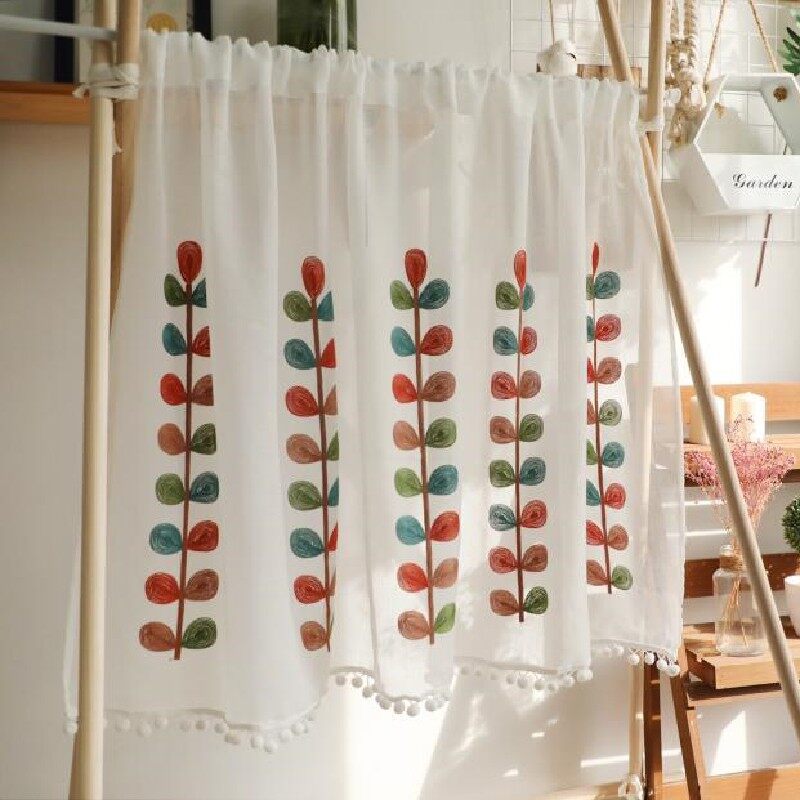 AnneyOneDecor Rèm Cửa Ngắn Thêu Họa Tiết Lá Nhiều Màu Sắc Rèm Cửa Nhà Bếp Nửa Cửa Sổ Trang Trí Cửa