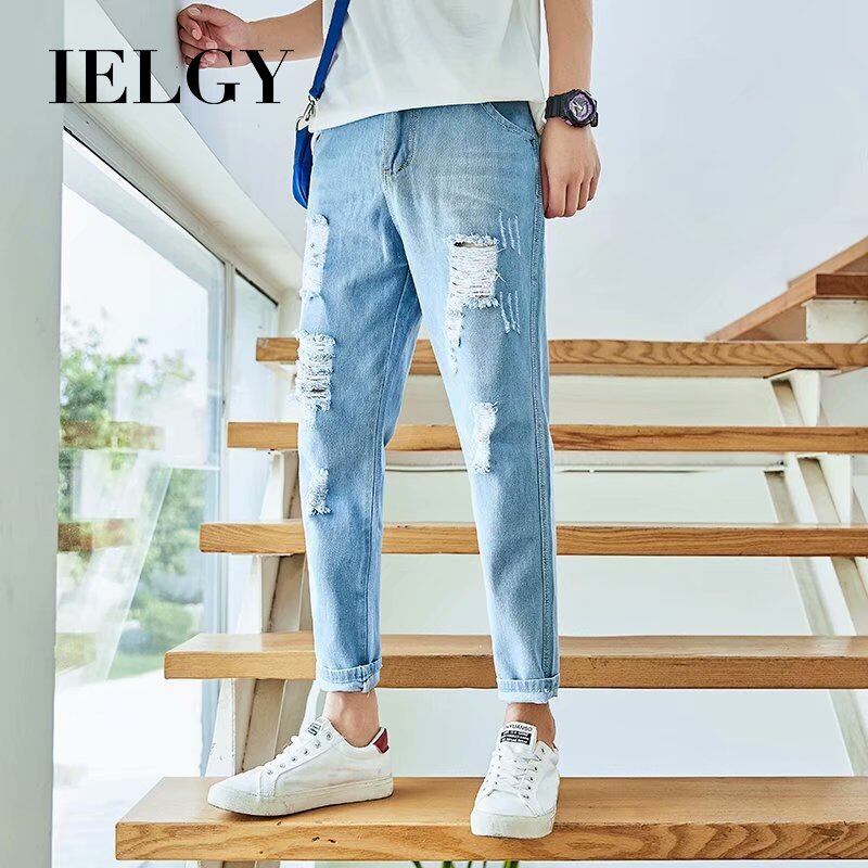 IELGY summer new beggar personality hole jeans Korean Slim feet casual nine points pants youth men's pants
