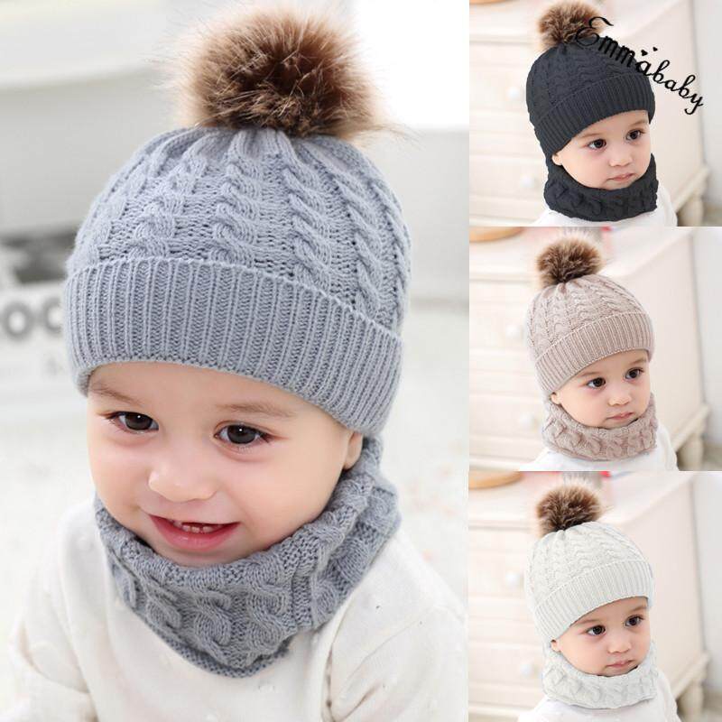 Toddler Kids Baby Boy Girl Winter Warm Pom Bobble Hat Knit Beanie Cap Scarf Set
