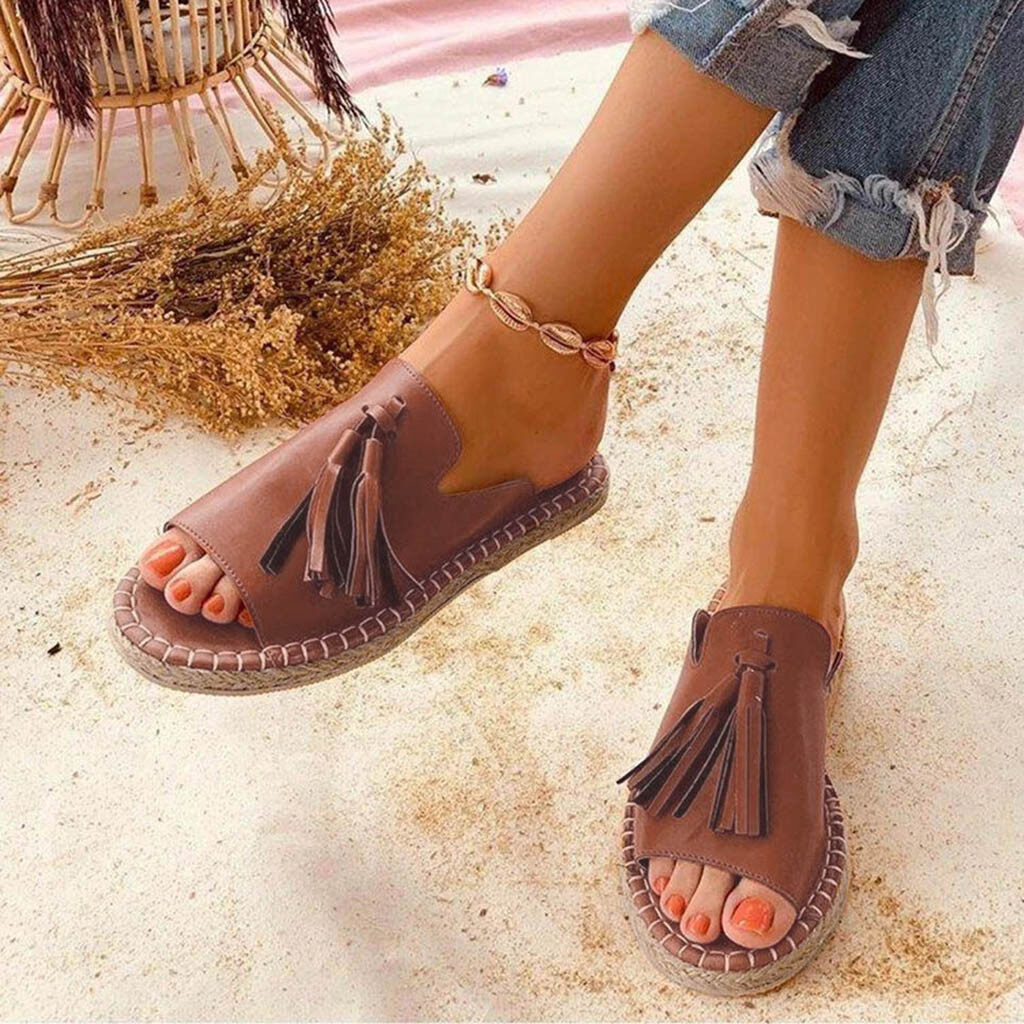 DWDW Korean sandals for women Women's Ladies Fashion Casual Flat Fringe Shoes Slippers Peep Toe Sandals Plus Size