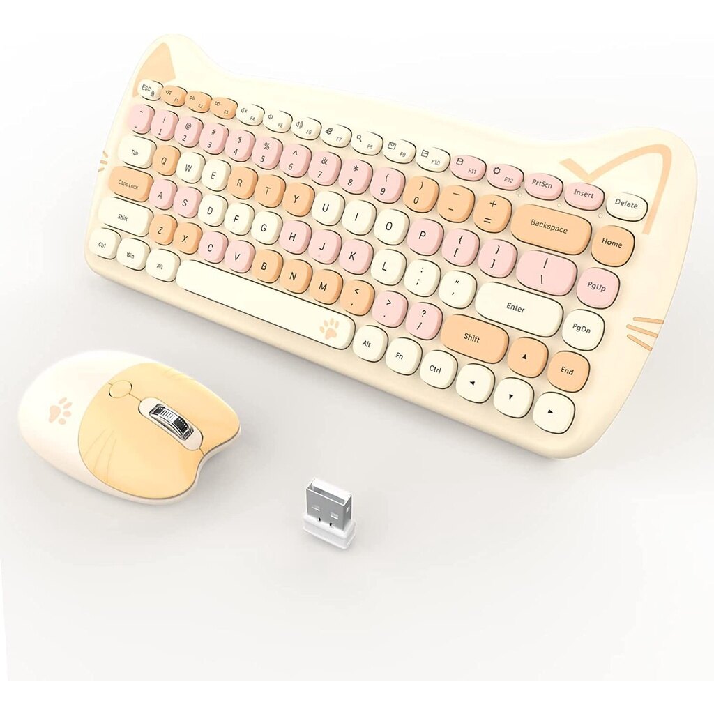 JOMAA&MOFII Meow Colors Cute Mini 2.4G Wireless Keyboard and Mouse Set Wireless Keyboard and Mouse Combo Retro Wireless Keyboard with Multi-Colour Cute Wireless Mouse For Computer MAC IOS PC Laptop Windows Desktop