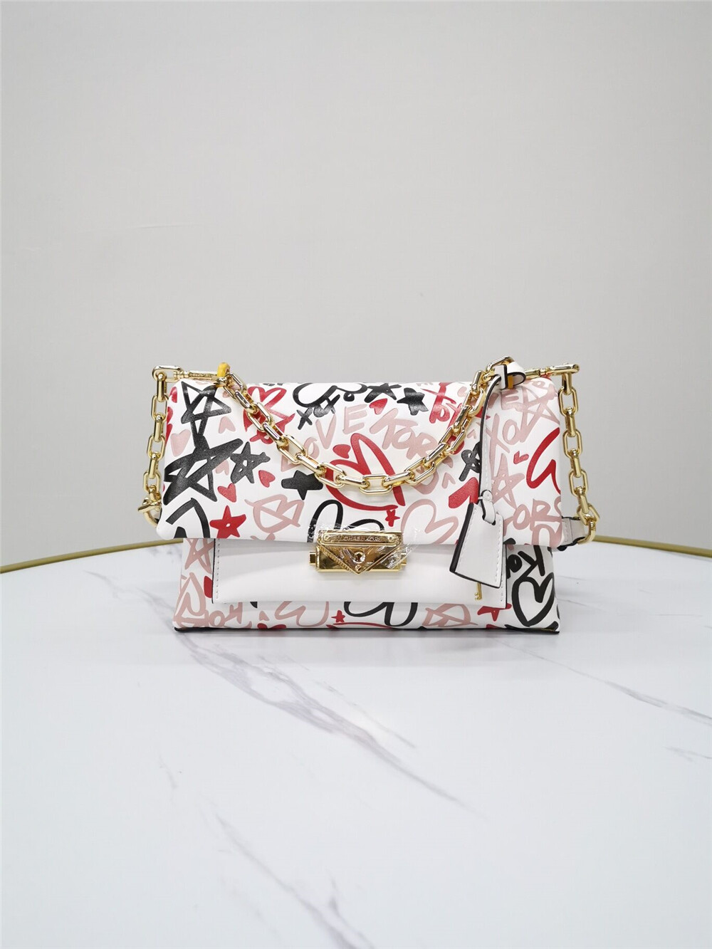 (In stock) new fashion luxury bag Michael Kors Cece Graffiti Medium Chain Leather Shoulder Bag