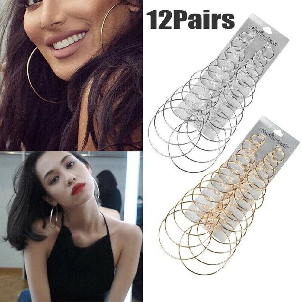 12 Pairs/Set Oversized Big Circle Hoop Earrings Set For Women Simple Punk Brinco Round Earrings Party Jewelry Gift