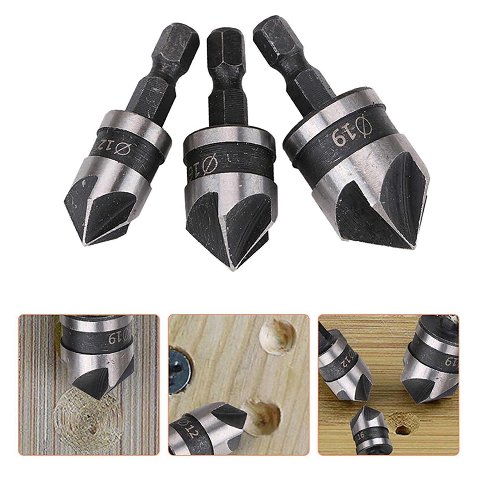 Farfi 3Pcs Drill Bits 90 Degree 1/4 Hexagonal Handle Carbon Steel Chamfer Wood Work Hole Drill Bit for Board Chamfer Drill Bit