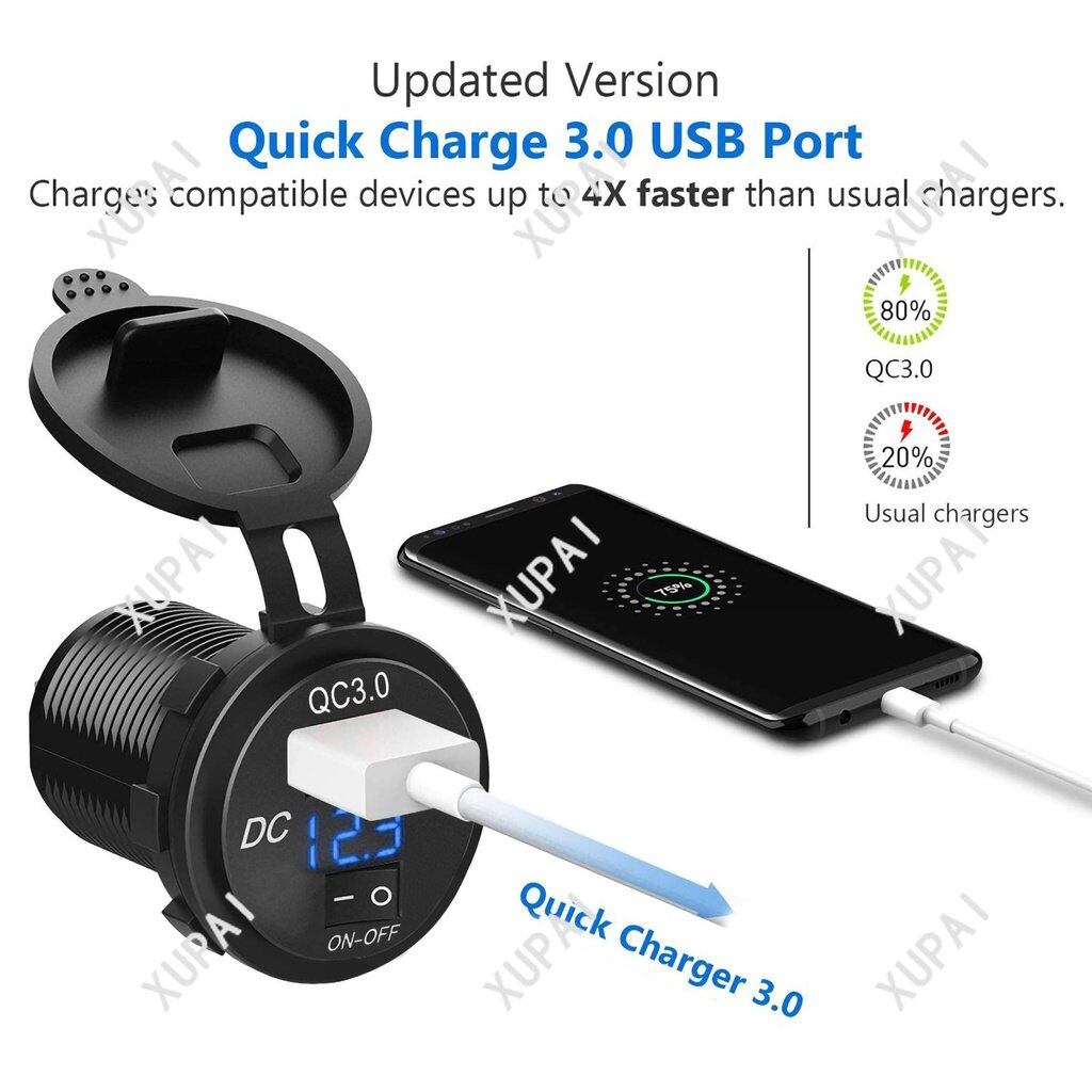 RTO QC 3.0 Motorcycle Boat Car USB Charger Socket LED Voltmeter With ON/OFF Switch Power Socket Adapter/ LED Display Waterproof Output for Car Marine Motorcycle Boat ATV RV Camper