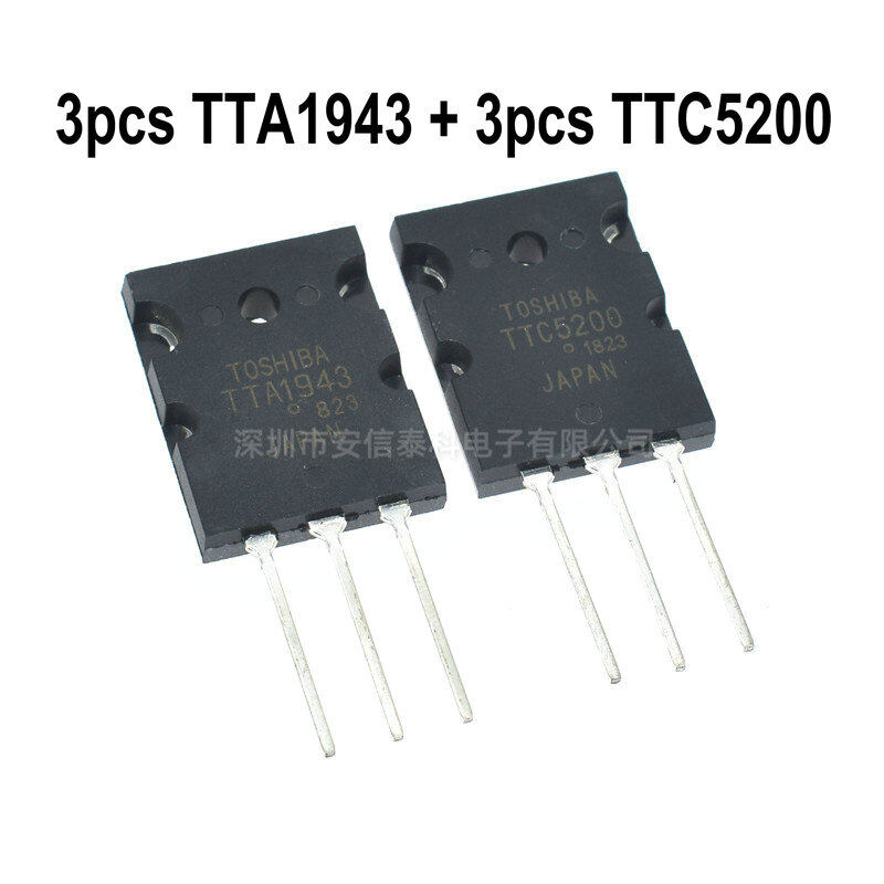6pcs = 3pairs original 3pcs tta1943 + 3pcs ttc5200 c5200 a1943 to-3pl silicon pnp npn high power amplifier transistor 15a/230v/150w