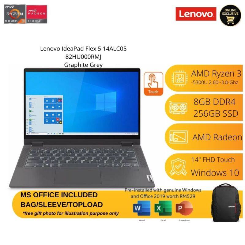 Lenovo IdeaPad Flex 5 14ALC05 82HU000RMJ Grey Laptop | Ryzen 3 5300U | 8GB RAM 256GB SSD | 14 Touch-Pen | MS OFFICE+BAG Malaysia