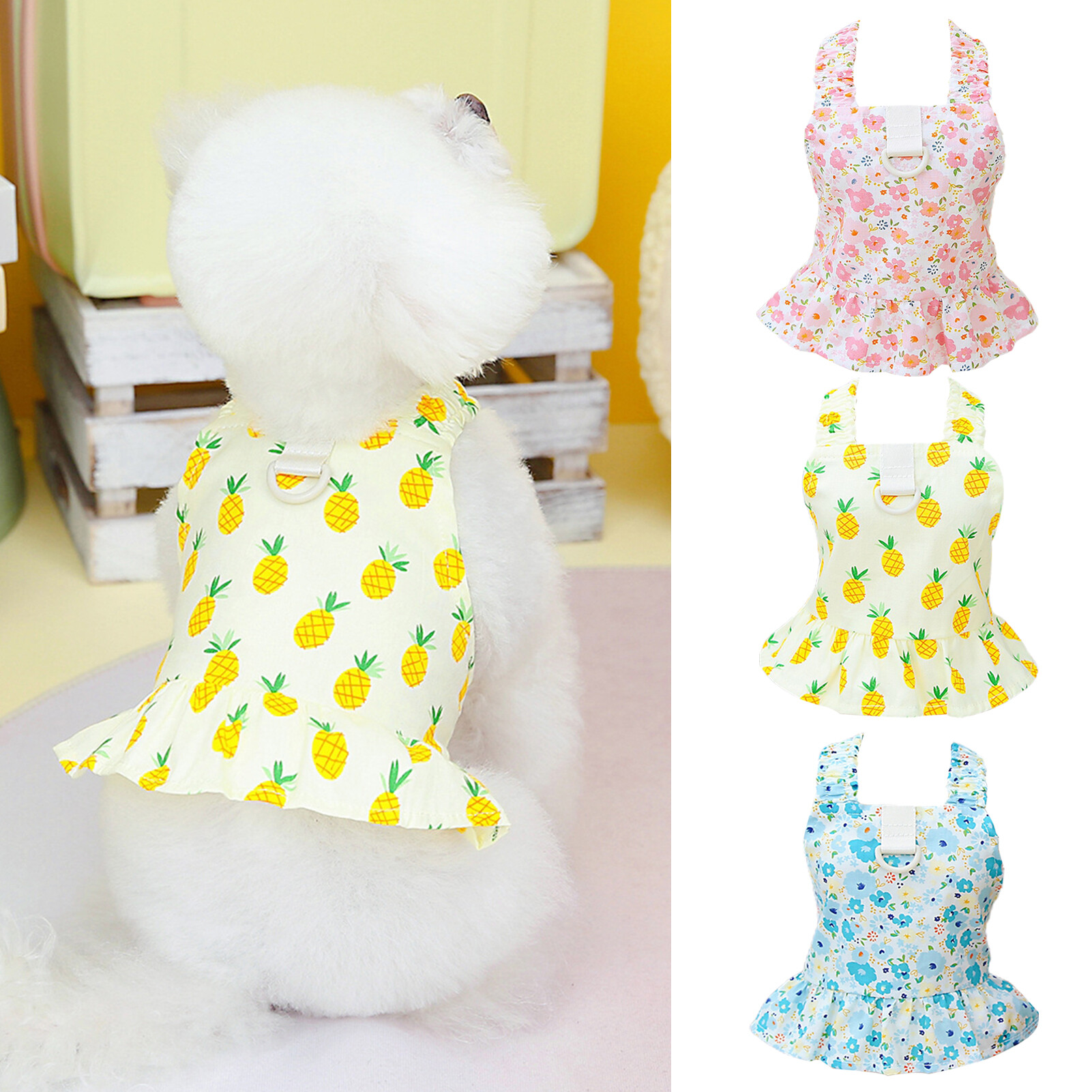 DADAGOU Pet Dress with Traction Ring Wide Shoulder Strap Flower Print Ruffled Hem Dog Princess Dress Spring Summer Thin Puppy Dress Dog Dress with