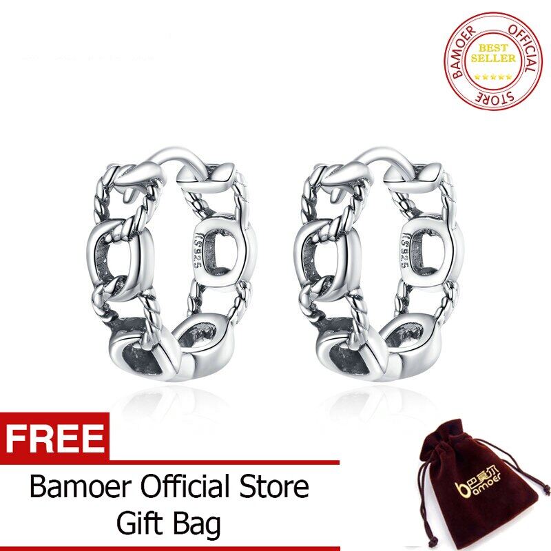 BAMOER Authentic 925 Sterling Silver Simple Chain CZ Stud Earrings for Women Plated platinum Silver Jewelry SCE960