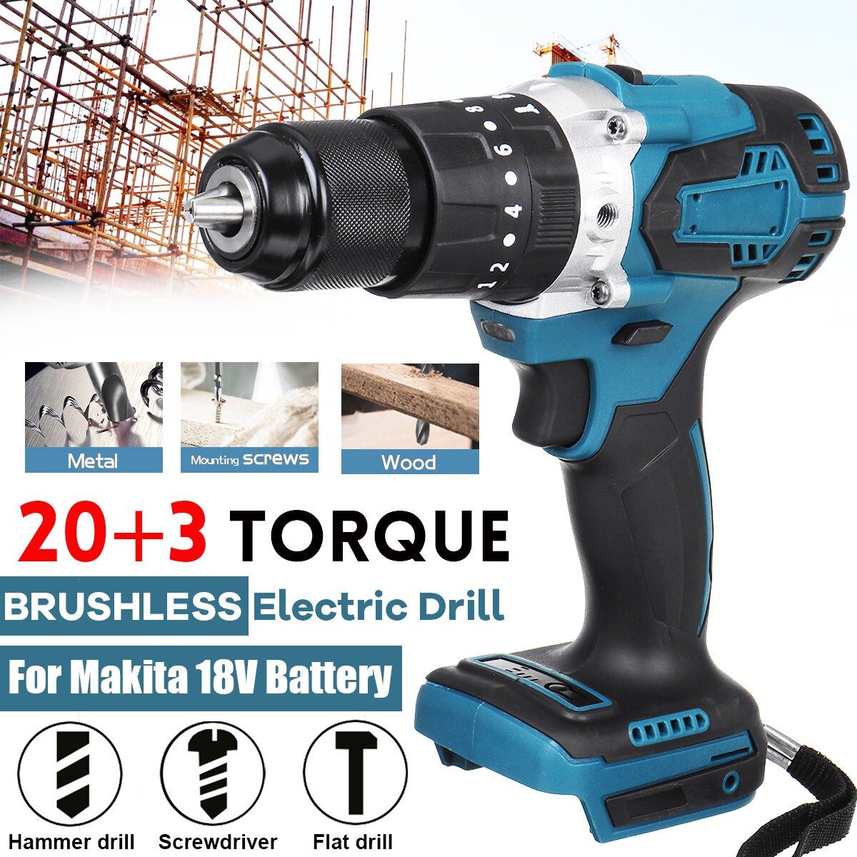 3 in 1 20+3 Clutches Brushless Electric Cordless Impact Drill 2 Speed