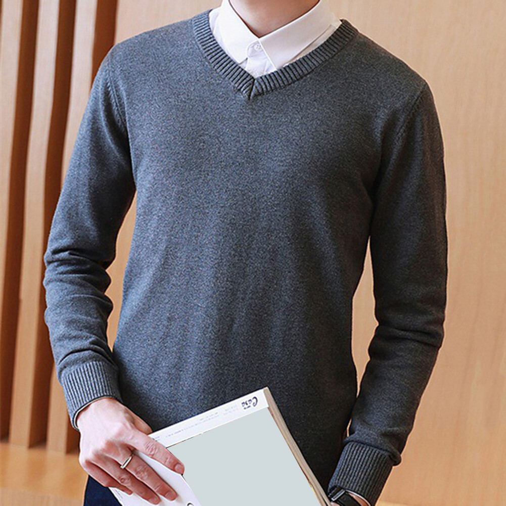Men Solid Color V Neck Long Sleeve Slim Pullover Plus Size Knitwear Sweater