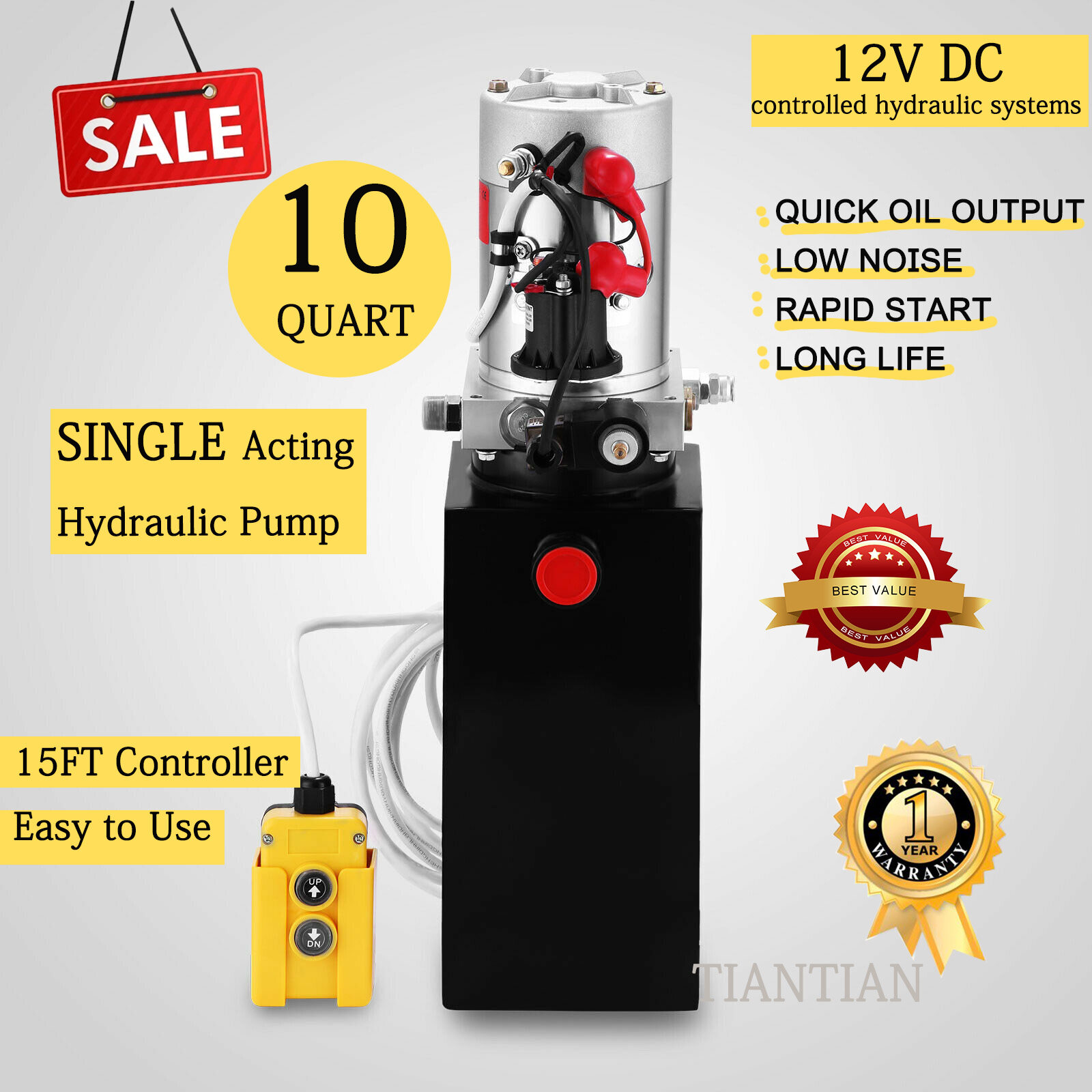 Vehicle Hydraulic Pump 10 Quart Single Acting Hydraulic Pump Dump Trailer Iron 12V Reservoir