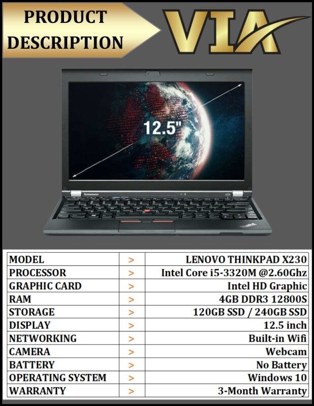 【NO BATTERY】Ultrabook LAPTOP LENOVO ThinkPad X230~Core i5~4Gb~120GB SSD/240GB SSD~W10~Wifi~Lightweight Malaysia