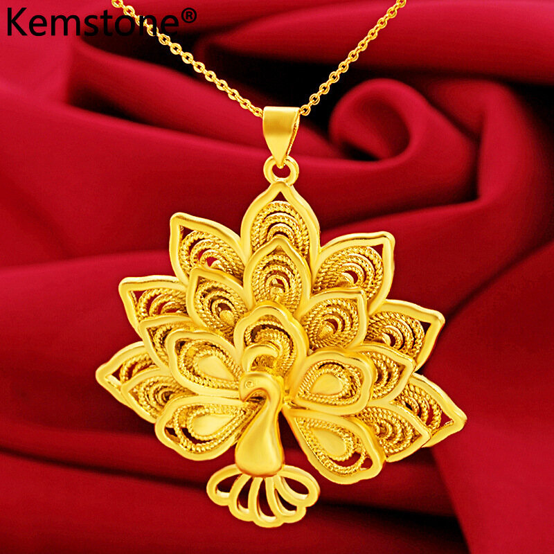 Kemstone Fashion 24k Gold Plated Hollowed Peafowl Tail Pendant Necklace for Women